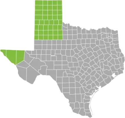 Bug Out Texas service area map | Dallam, Sherman, Hansford, Ochiltree, Lipscomb, Hartley, Moore, Hutchinson, Roberts, Hemphill, Oldham, Potter, Carson, Gray, Wheeler, Deaf Smith, Randall, Armstrong, Donley, Collingsworth, Parmer, Castro, Swisher, Briscoe, Hall, Childress, Bailey, Lamb, Hale, Floyd, Motley, Cottle, Cochran, Hockley, Lubbock, Crosby, Dickens, King, Yoakum, Terry, Lynn, Garza, Kent, Stonewall, El Paso, Hudspeth, Culberson
