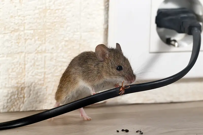 Close up of rat chewing on wire in home.