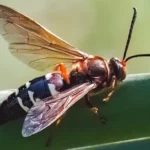 A side view of a cicada killer wasp perched on a leaf with the sun shining on it. Cicada killer wasps generally aren’t a threat to people, but can still be removed with wasp control services from Bug Out.