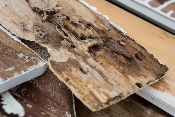 Termites hiding in damaged wood, leaving signs of their activity.