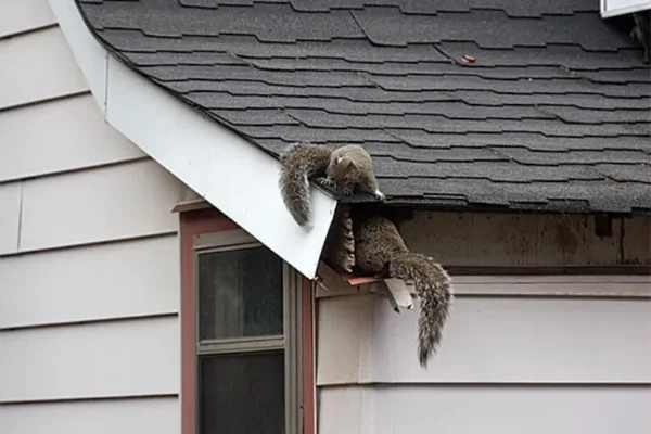 Squirrels on top of a roof trying to get inside an attic