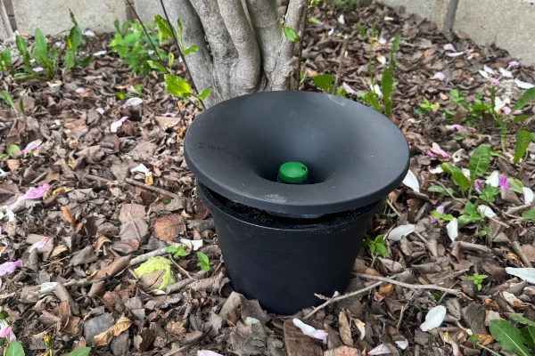 Photo of a Texas residents backyard In2Care installation placed amongst a pile of leaves.
