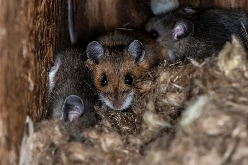 A family of deer mice take over a bird nesting box in late fall to keep warm