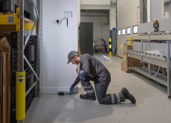 A pest control technician wearing a grey uniform, cap, and blue gloves kneels on the floor of a bright commercial warehouse facility. He is inspecting a floor-level PestConnect monitoring device located against a white wall.