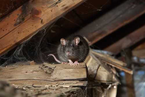 A brown rodent on a ledge in an attic surrounded by cobwebs and debris