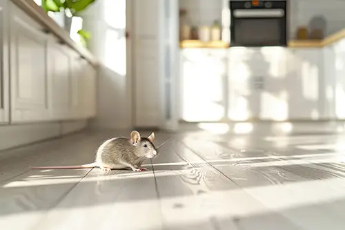 .Rodent running across a kitchen floor