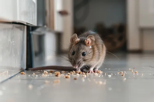 A brown rodent on the floor of a kitchen by food crumbs