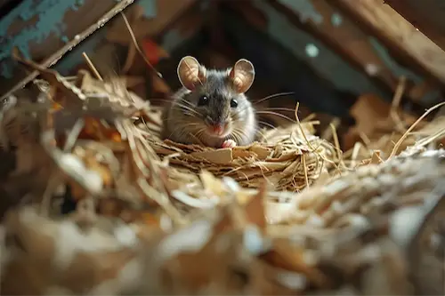 Rodent sitting in a nest in the attic