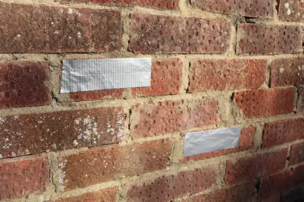 Shield tape covering over cracks in a brick wall