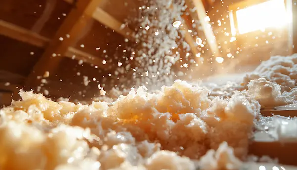 Sun shining through the window of an attic with insulation