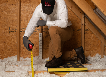 Man inspecting insulation in attic 