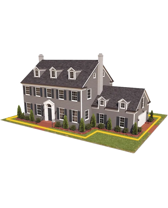 A rendering of a home with a neon yellow perimeter around the house