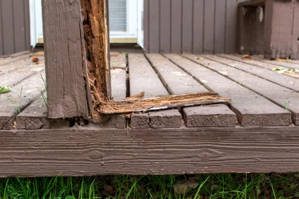 A broken wooden plank of a local Lubbock residents outdoor deck, ready for professional termite control by BugOut Texas.
