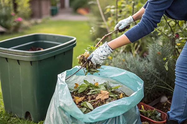 Woman outside sorting yard derbies in a compost bin.